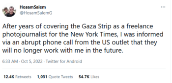 Twitter : Après des années à couvrir la bande de Gaza en tant que photojournaliste indépendant pour le New York Times...